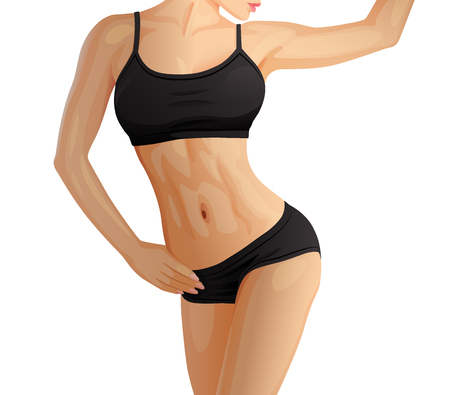Slender sporty woman, fitness girl in pink sportswear, shorts icon for mobile apps, slim body, fitness woman in black sport top isolated on white, vector illustrationのイラスト素材