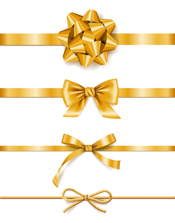 Set of golden ribbons with bows, decoration for gift boxes wrap, design element, isolated on white background, vector illustrationのイラスト素材