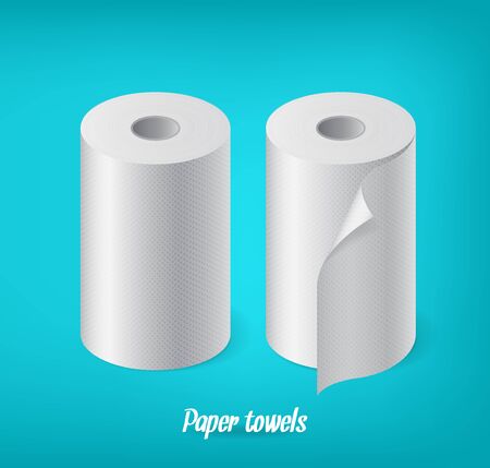 Realistic paper roll set mock up template, kitchen towel, cash tape, vector illustration isolatedのイラスト素材