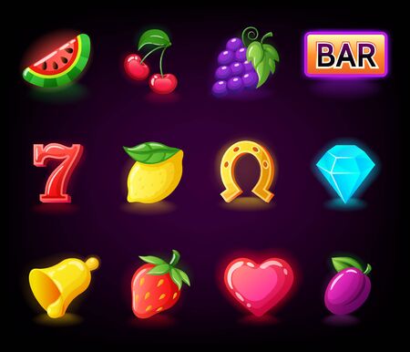 Colorful slots icon set for casino slot machine, gambling games isolated, mobile puzzle game design, vector illustrationのイラスト素材