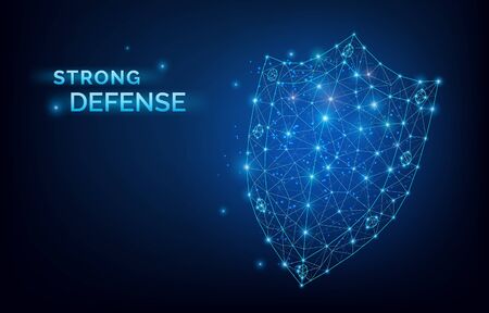 Blue lowpoly Security system Shield Strong defense sign. Data protection, company security service, antivirus program, symbol of reliable protection against hacker attacks. Vector Shield illustrationのイラスト素材