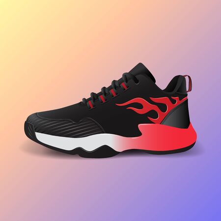 Realistic sport running shoe for training and fitness on gradient background, trendy black and red sneakers, vector illustrationのイラスト素材