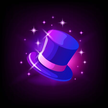 Purple cylinder hat, magicians hat, slot icon for online casino or mobile game on dark background, vector illustrationのイラスト素材