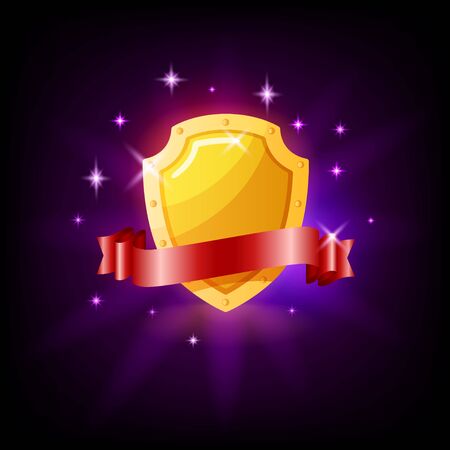 Gold shield and red ribbon slot icon for online casino or mobile game, vector illustration with sparkles on dark purple backgroundのイラスト素材