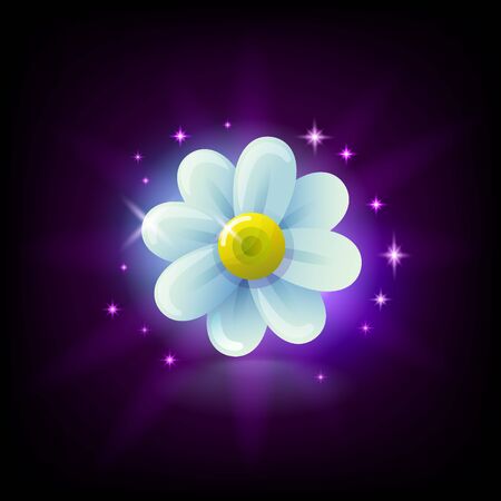 Shining white chamomile flower slot icon with sparkles for online casino or mobile game, vector illustration on dark purple backgroundのイラスト素材