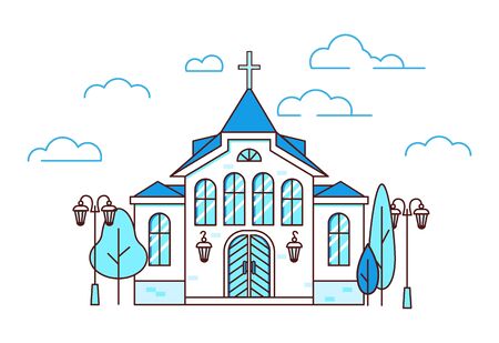 Line art house Christian church with trees and lanterns, beautiful building, estate collection, vector illustrationのイラスト素材