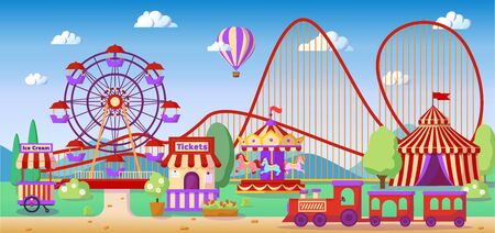 Amusement park panoramic landscape, roller coaster, colorful carousel with horses, ferris wheel, carnival tent or circus, vector illustrationのイラスト素材