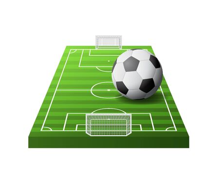 3d soccer field with green grass, goals and white and black ball isolated, vector illustrationのイラスト素材