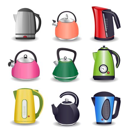 Set of Electric kettle with boiling water, teapot with closed lid, isolated on white background vector illustrationのイラスト素材