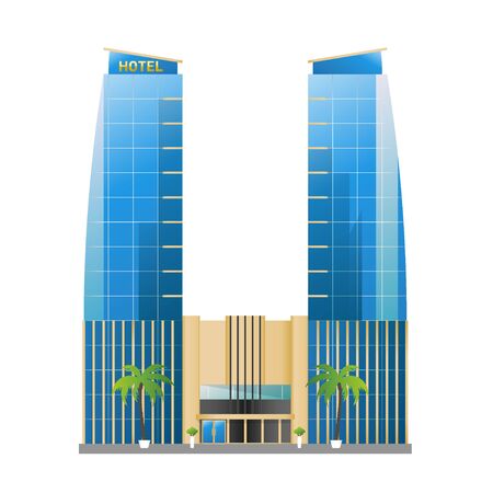 Modern hotel building, skyscrapers towers with palm trees icon isolated on white background, vector illustrationのイラスト素材