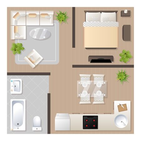 Apartment design with furniture top view, architectural plan, kitchen, bathroom, bedroom and living...
