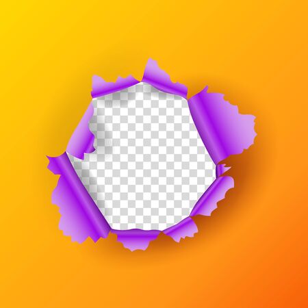Realistic torn orange paper page, round hole with jagged edges in sheet and transparent background, vector illustrationのイラスト素材