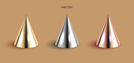 Set of cones silver, pink or rose gold and golden cones 3D geometric shapes, brown background. Glossy metal abstract form rendering. Decorative mathematical figure vector illustration, realistic styleのイラスト素材