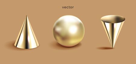 3D geometric shapes set, brown background. Decorative mathematical figures banner. Golden cones and sphere vector illustration in realistic styleのイラスト素材