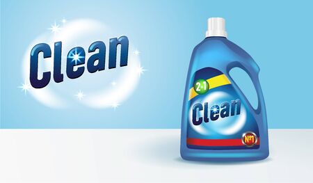 Bottle of detergent with label 3D mockup. Cleaning product realistic design. Liquid washing supply advertisement, vector illustrationのイラスト素材