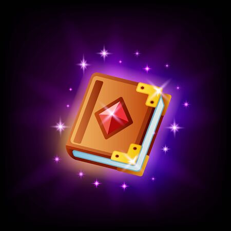 Magic spell book icon gui element for game or mobile app design on dark background. Fairy tale vector icon in cartoon styleのイラスト素材