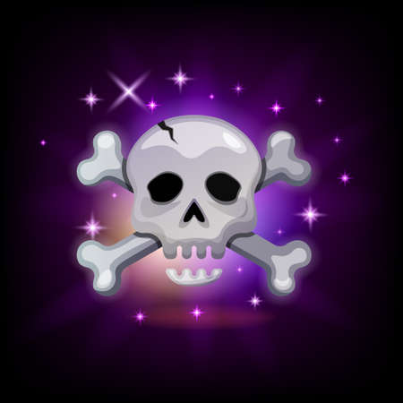 Video game icon with sparkly pirate skull and crossbones on dark background, vector illustration for graphic user interface in cartoon styleのイラスト素材