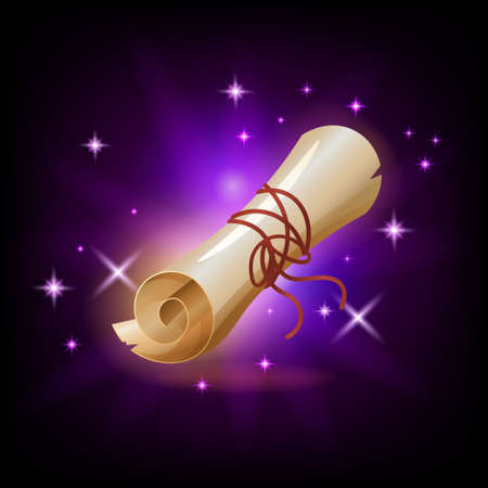 Sparkly paper scroll icon for game or mobile app against dark background. Magic spell parchment vector illustration in cartoon styleのイラスト素材