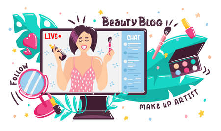 Cartoon beauty blogger broadcasting online from computer screen. Female vlogger making cosmetic product review on web, vector illustration in flat styleのイラスト素材