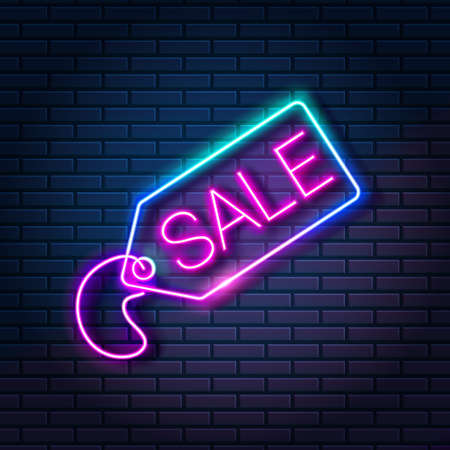 Glowing neon tag with word SALE against dark brick wall background. Shopping discount advertising banner, vector illustrationのイラスト素材