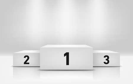 Winners podium with spotlights over grey background, space for design. Champion pedestal, vector illusration in realistic styleのイラスト素材