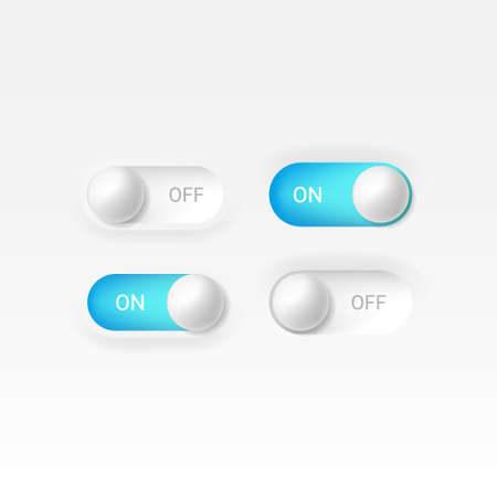 Editable neomorphism on off round shape power blue button set. Slider for website, mobile menu, navigation and application. Realistic vector design. UI component isolated on white background.のイラスト素材