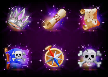 Graphic user interface video game icons set. Pirate flag, skull, black label, undead king crown, scroll, treasure map, compass. Mobile application vector illustration collection cartoon styleのイラスト素材