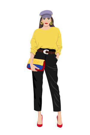Women on high heels dressed in stylish trendy clothes, fashion girls, models wearing modern casual office style - trouser suit, jacket vector female cartoon characters, vector illustrationのイラスト素材