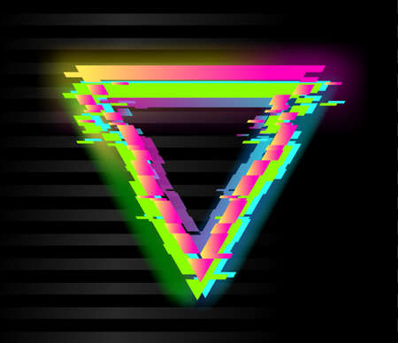 Colorful glitch triangle geometric shape, frame with neon glitch effect on black background, vector...