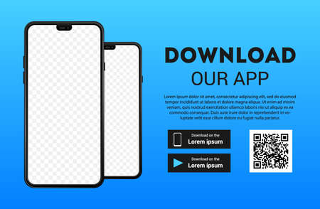 Download page of the mobile app mock up. Empty screen smartphone for you app. Download buttons. Vector illustration.のイラスト素材