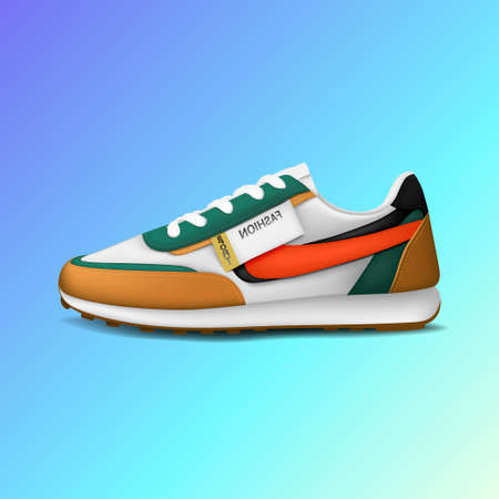 Realistic fashion sport running shoe for training and fitness isolated on color background, trendy sneakers, vector illustrationのイラスト素材