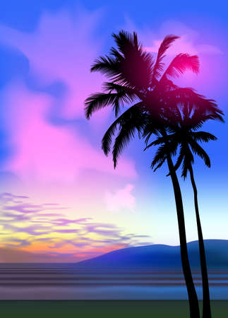 Summer tropical beach background with palms, sky sunrise and sunset. Summer party placard poster flyer invitation card. Summertime, vector illustration.のイラスト素材