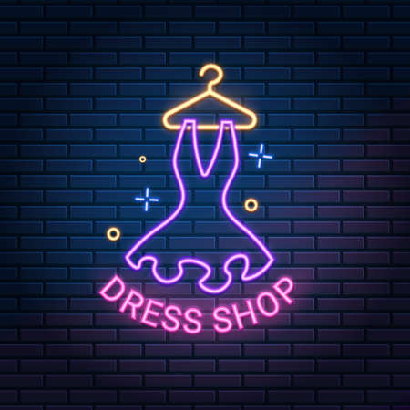 Dress shop neon light sign on dark brick wall background, vector illustration. Dressmaker, atelier, showroom, tailor, boutique banner.のイラスト素材