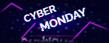 Cyber monday sale glitch neon symbol on abstract futuristic background with lines and pixels. vector illustration.のイラスト素材