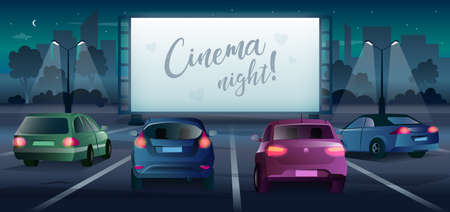 Cinema night vector banner in cartoon style. Drive-in movie theater with large screen and cars poster. Audience watching romantic film or show on classic open air parking in darkness.のイラスト素材