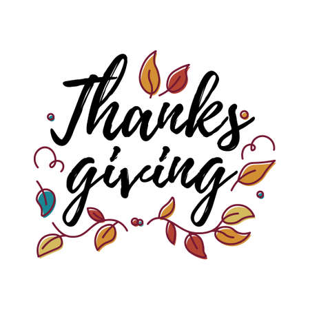 Hand drawn Happy Thanksgiving typography in autumn wreath banner. Celebration text with berries and leaves for postcard, icon or badge. Vector calligraphy lettering holiday quote.のイラスト素材
