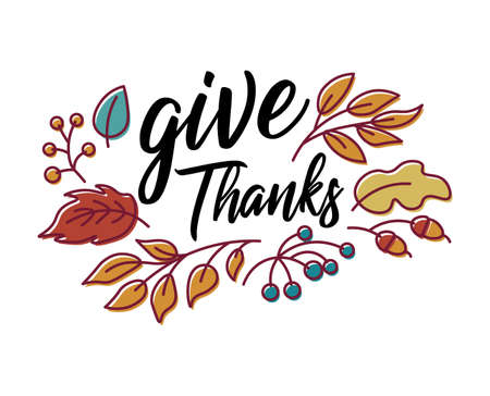 Hand drawn Happy Thanksgiving typography in autumn wreath banner. Celebration text with berries and leaves for postcard, icon or badge. Vector calligraphy lettering holiday quote.のイラスト素材