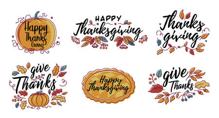Set of Hand drawn Happy Thanksgiving typography in autumn wreath banner. Celebration text with berries and leaves for postcard, icon or badge. Vector calligraphy lettering holiday quote.のイラスト素材