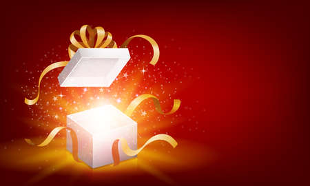 Red opened 3d realistic gift box with magical shining glow and golden ribbons flying off cover, place for your text on red background, realistic box with shine vector illustrationのイラスト素材
