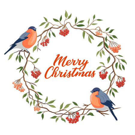Hand drawn Merry Christmas typography in rowanberry winter wreath with bullfinches banner. Celebration text with berries and leaves for postcard, icon or badge. Vector calligraphy letteringのイラスト素材