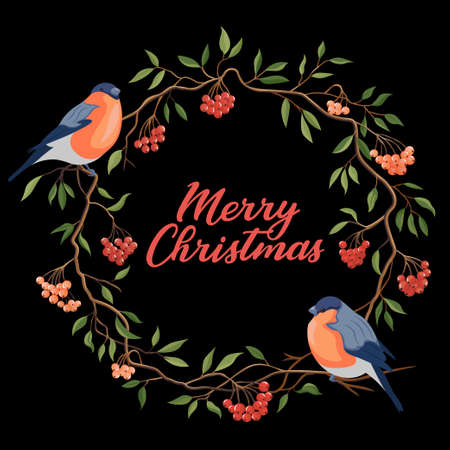 Hand drawn Merry Christmas typography in rowanberry winter wreath with bullfinches banner. Celebration text with berries and leaves for postcard, icon or badge. Vector calligraphy letteringのイラスト素材