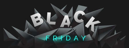 Black Friday banner with 3d render, abstract black crystal background, faceted texture, panorama, wide panoramic polygonal wallpaper, vector illustration.のイラスト素材