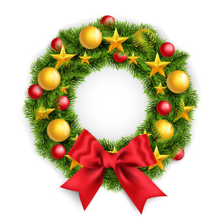 Realistic Christmas wreath with a big red bow and New Years toys. Decorated wreath of pine branches isolated on white, vector illustrationのイラスト素材