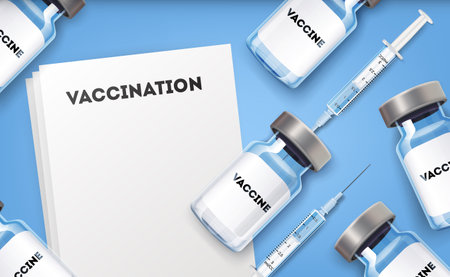 Vaccination background template. Vaccine shot, syringe injection and empty blank prescription paper with vaccination text for covid-19 coronavirus immunization and prescription, vectorのイラスト素材