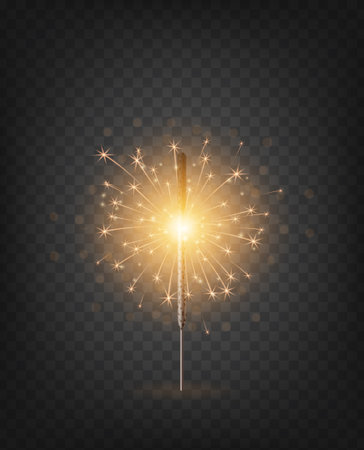 Christmas New Year bengal light. Realistic golden sparkler light isolated on transparent background. Festive bright firework. Fun decorations for celebrations and holidays, Vector illustration.のイラスト素材