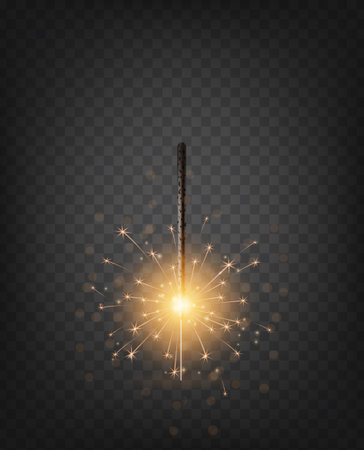 Christmas New Year bengal light. Realistic golden sparkler light isolated on transparent background. Festive bright firework. Fun decorations for celebrations and holidays, Vector illustration.のイラスト素材