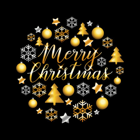 Merry Christmas gold glitter lettering design. Christmas greeting card, poster, banner. Vector golden ans silver glittering stars, balls, snow, snowflakes on black background.のイラスト素材