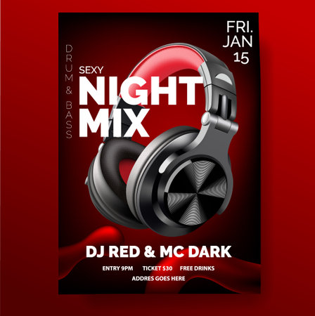 Club poster with headphones, dance party, fluid design flyer, invitation, banner template, dj music event, black and dark red headphones, vector illustration.のイラスト素材