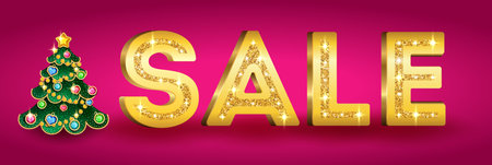 Vector luxury sale banner for jewelry store. Gold glitter shiny inscription Sale on a pink background with Christmas tree and toys, precious stones and diamonds, vector illustration.の写真素材