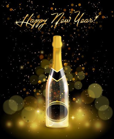 Sparkling bottle of champagne with golden serpentine on black background, golden bokeh effect, realistic bottle with carbonated drink, celebration concept with Happy New Year sign. vector illustrationの写真素材